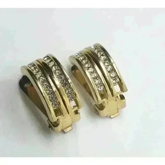 Vintage Hanae Mori Chanter Paris Clip Gold Rhinestone Earrings - Picture 9 of 11